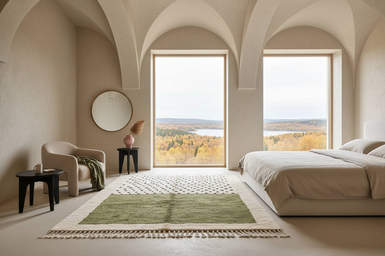 A modern bedroom interior with a large bed, a matching armchair, and a green rug in front of tall arched windows overlooking a fall forest and lake.