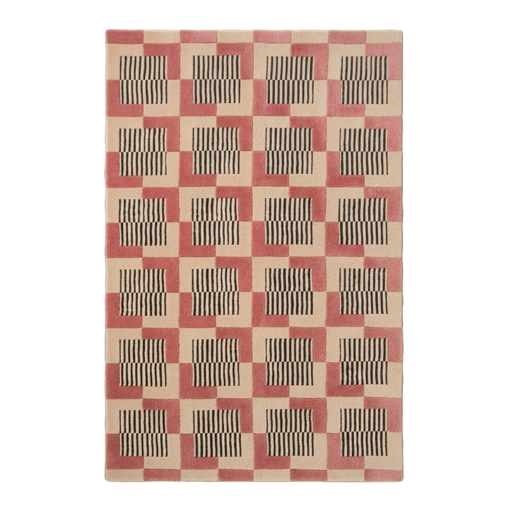 Cream and Pink Checkerboard Hand-Tufted Rug with Striped Blocks