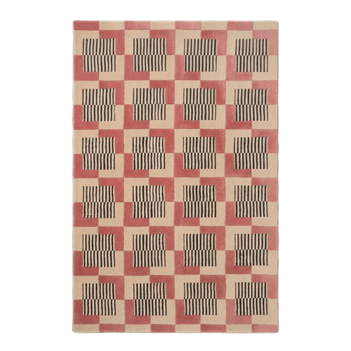 Cream and Pink Checkerboard Hand-Tufted Rug with Striped Blocks