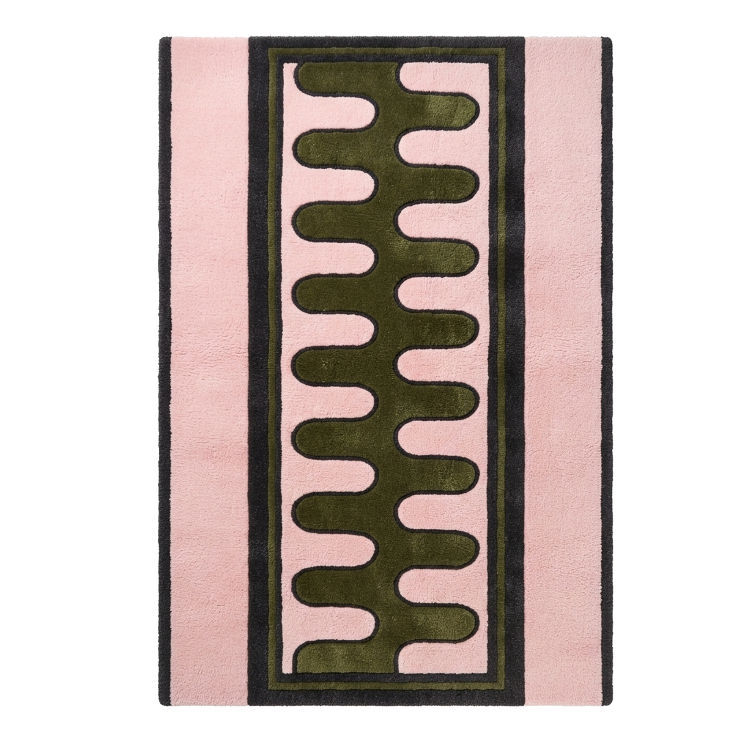 Blush Pink Hand-Tufted Runner with Olive Green Wave Stripe