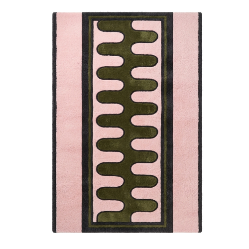 Blush Pink Hand-Tufted Runner with Olive Green Wave Stripe