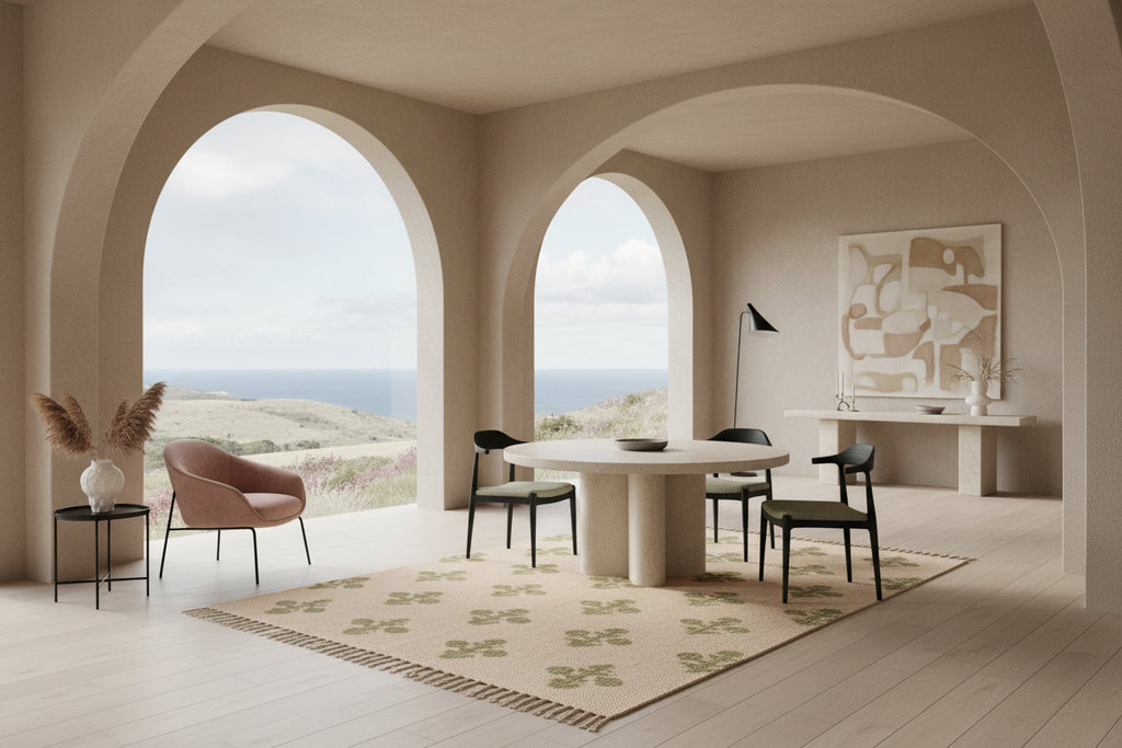 A modern dining room interior with two large arched windows overlooking a coastal landscape. The room features a round white dining table, black chairs, a blush pink accent chair, a patterned beige rug, and a white console table with abstract wall art.