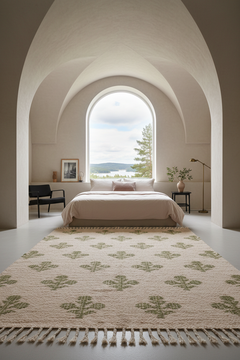 Beige Cotton Flat Weave Rug with Olive Green Floral Block Print