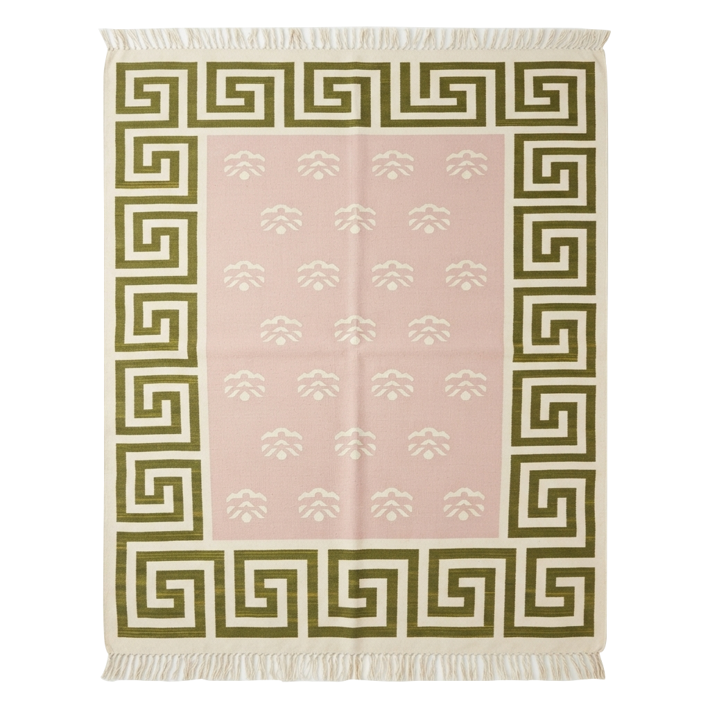 Pink Cotton Flat Weave Rug with Olive Greek Key Border