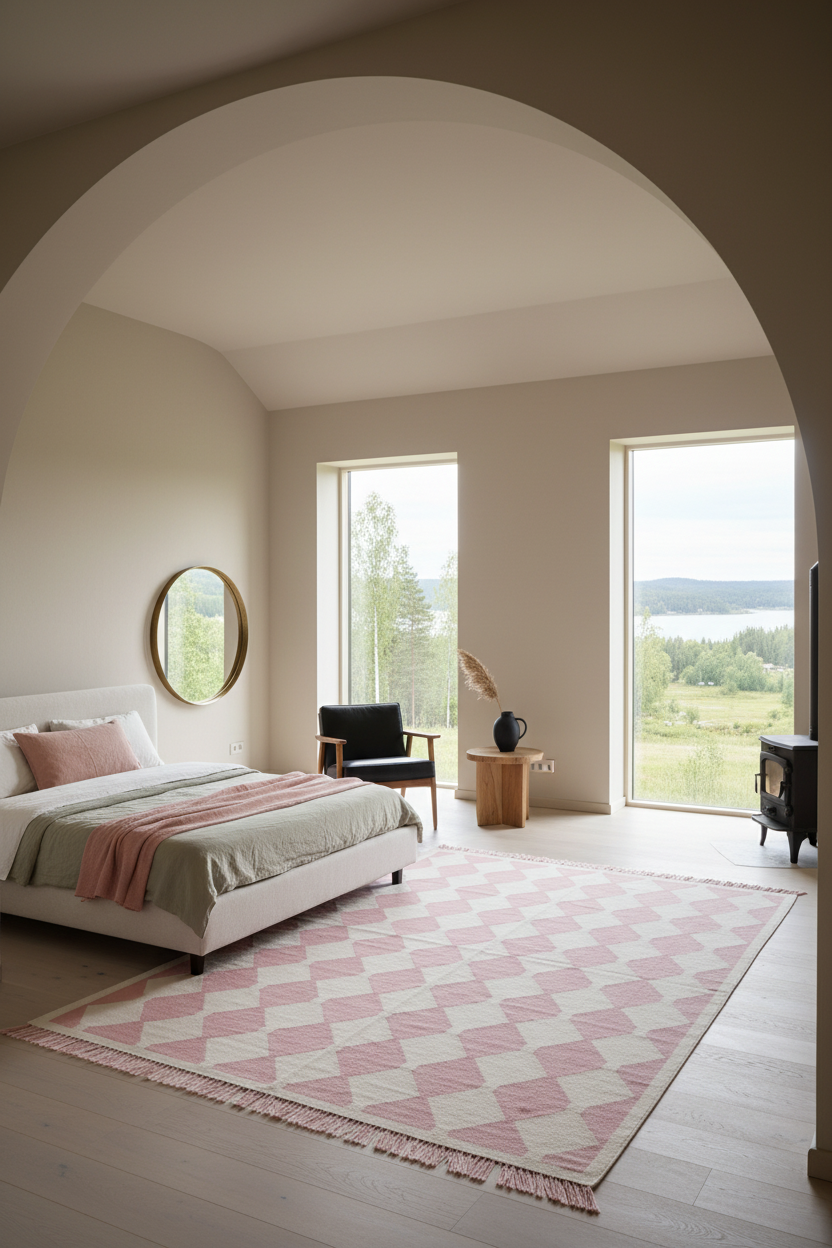 Pink and White Diamond Harlequin Cotton Flat Weave Rug