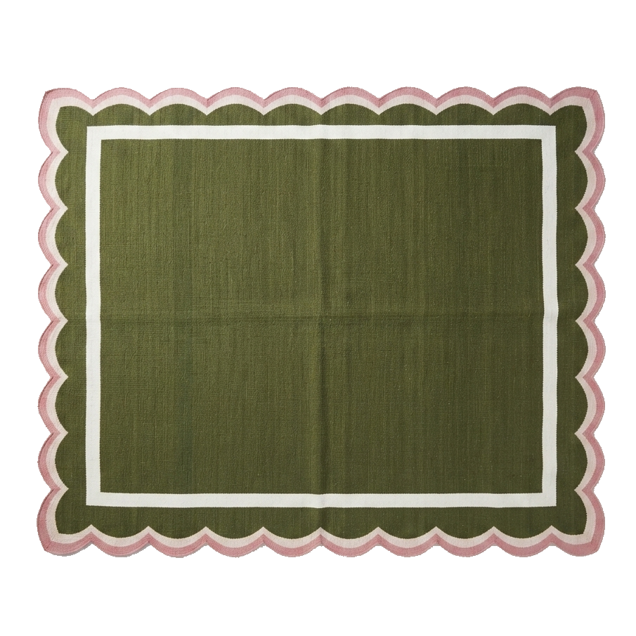 Olive Green Cotton Flat Weave Rug with Cream and Pink Scalloped Border