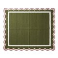 Olive Green Cotton Flat Weave Rug with Cream and Pink Scalloped Border