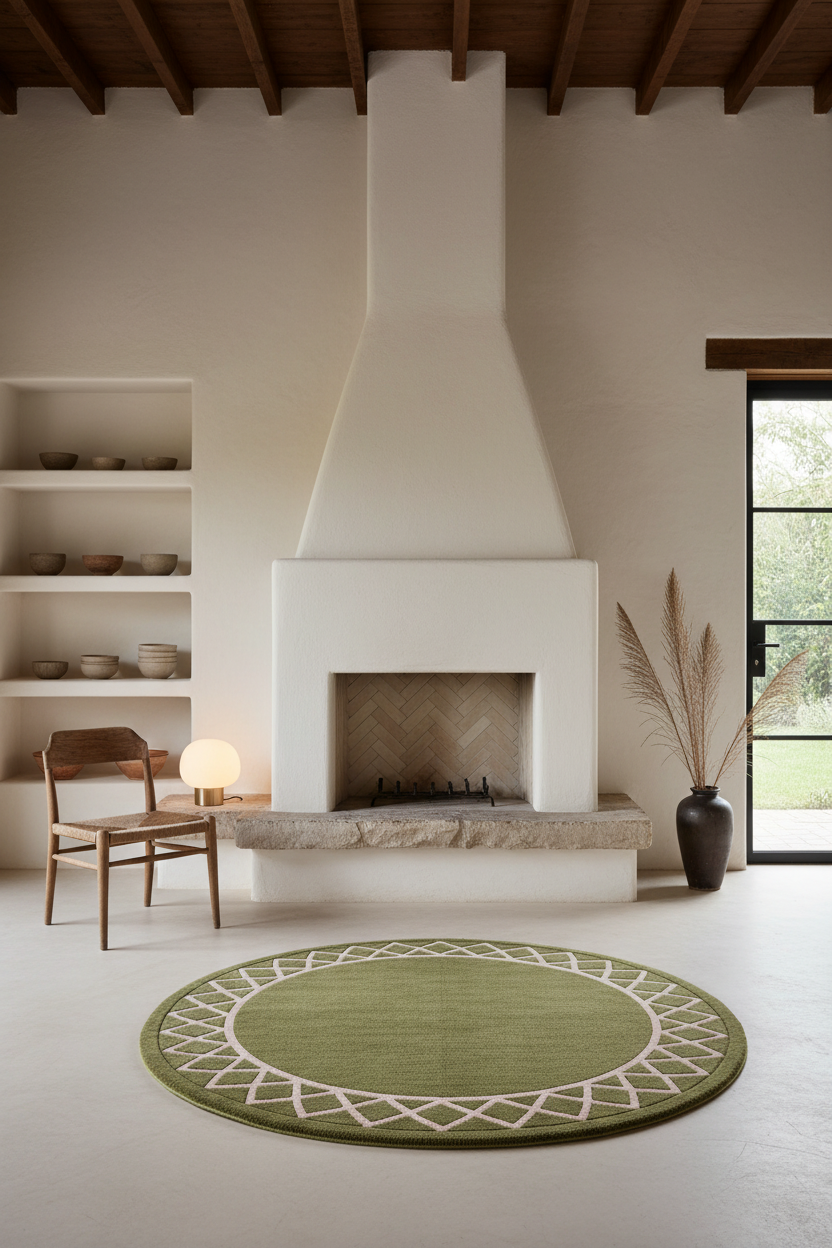 Olive Green Round Hand-Tufted Rug with Cream Trellis Border
