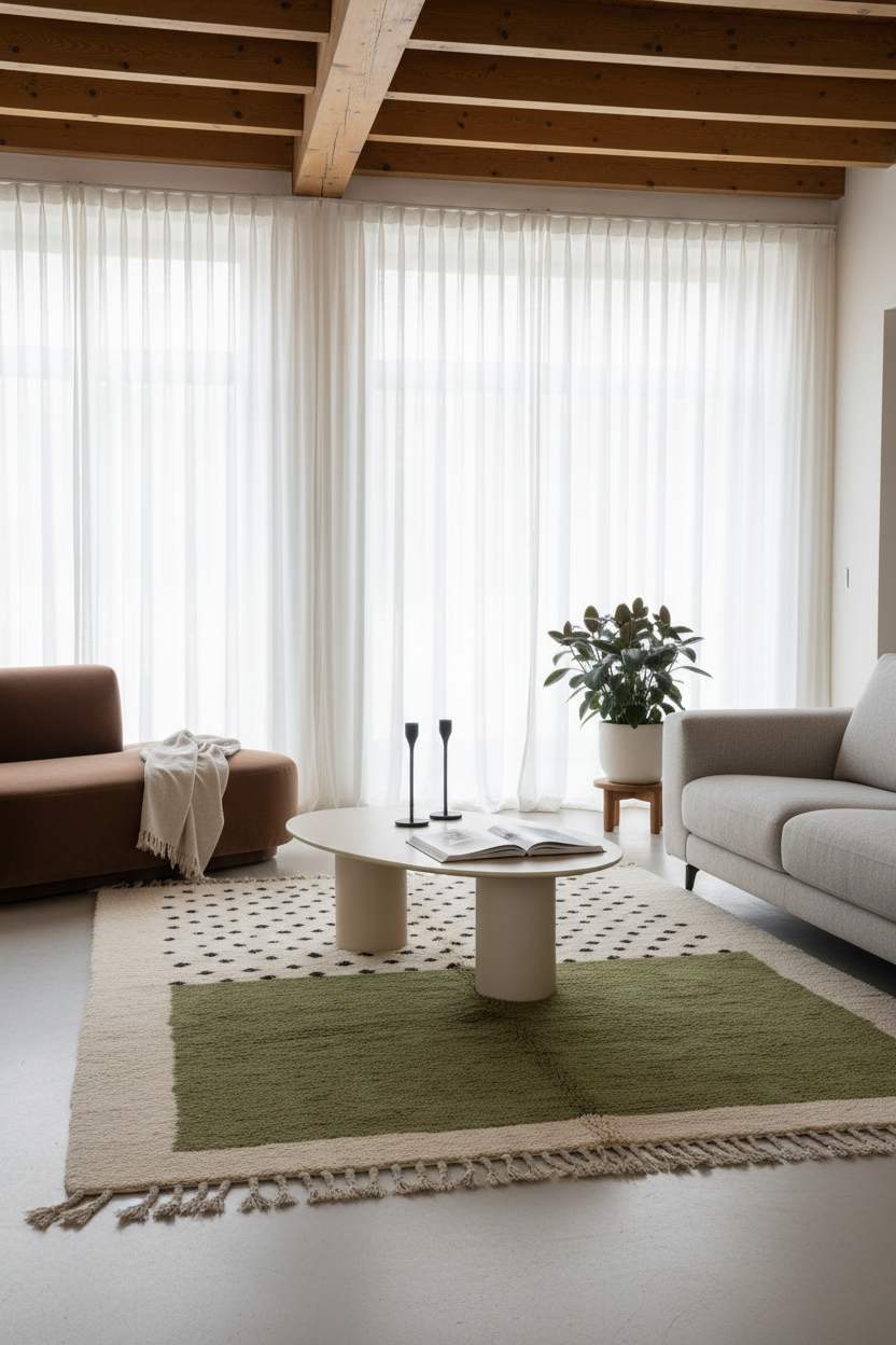 Olive Green and Cream Moroccan Shag Rug with Black Polka Dots