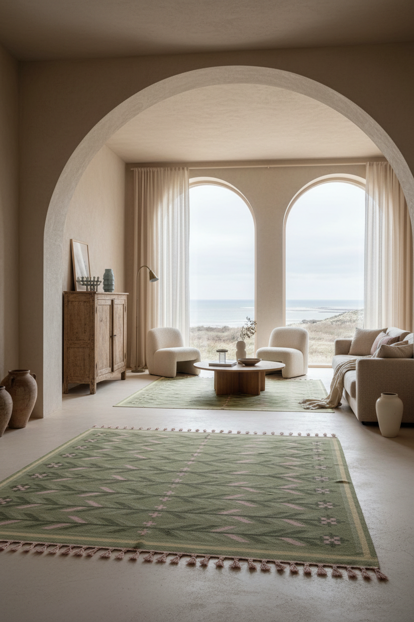 A large green and beige patterned area rug with pink tassels is displayed in a modern, sunlit living room with an arched entryway, overlooking the ocean.