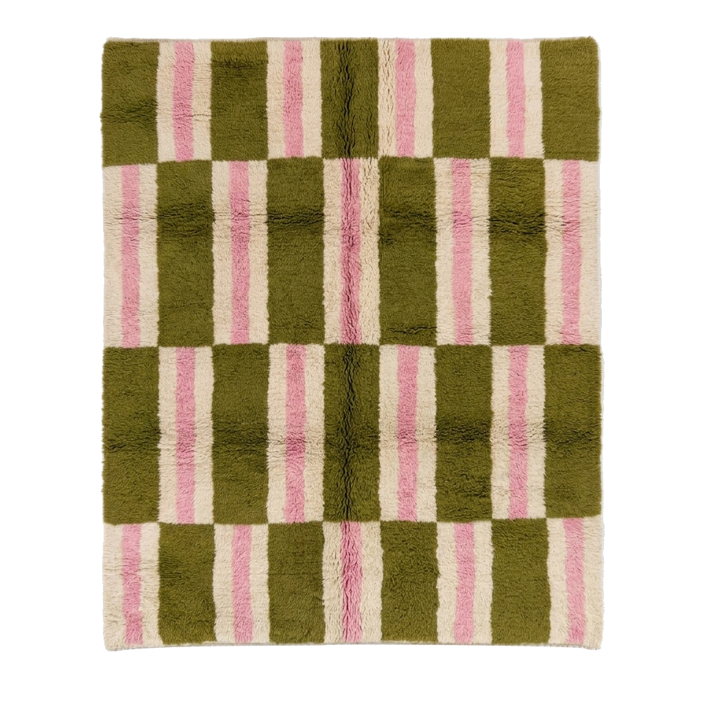 Olive Green and Pink Striped Checker Moroccan Shag Rug