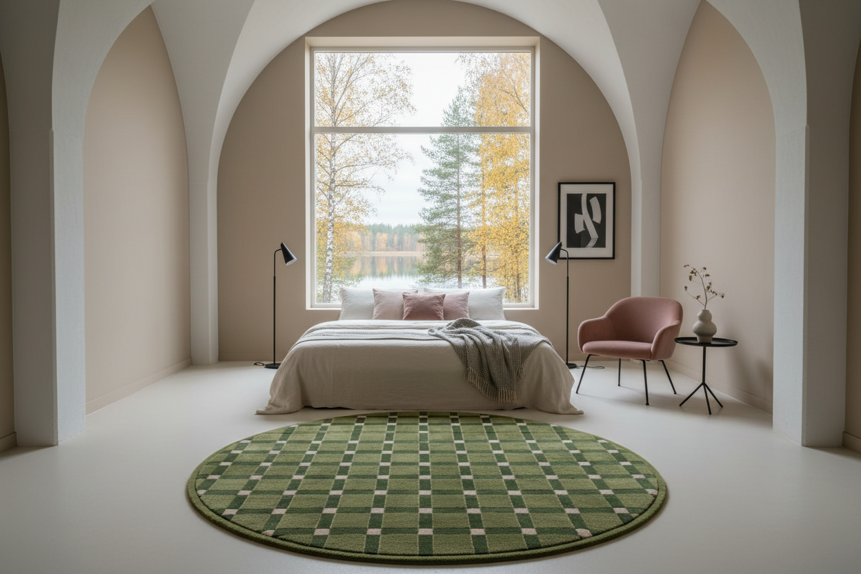 Olive Green Round Hand-Tufted Rug with Pink Windowpane Grid