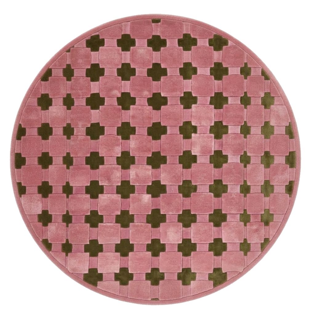 Pink Round Hand-Tufted Rug with Olive Green Cross Motifs