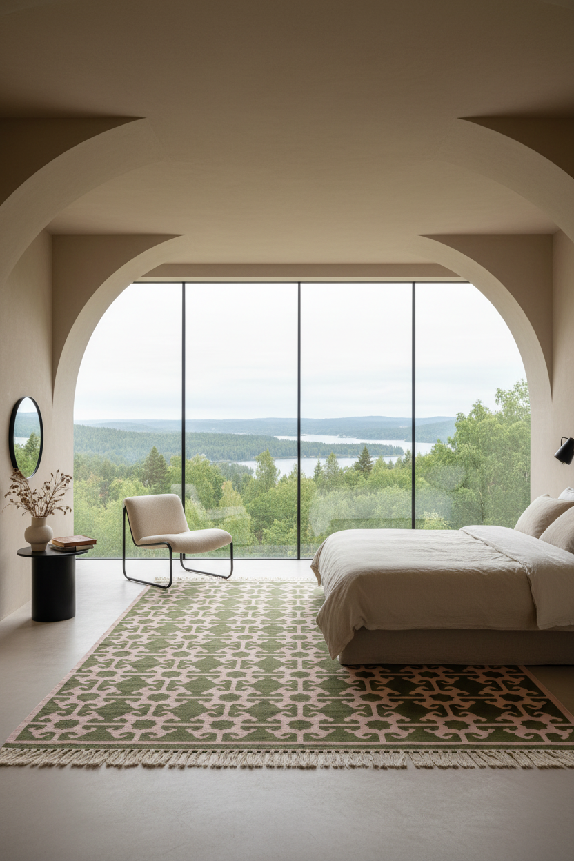 A modern bedroom interior with a large bed, patterned rug, minimalist chair, and a wide arched floor-to-ceiling window overlooking a green forest and lake landscape.