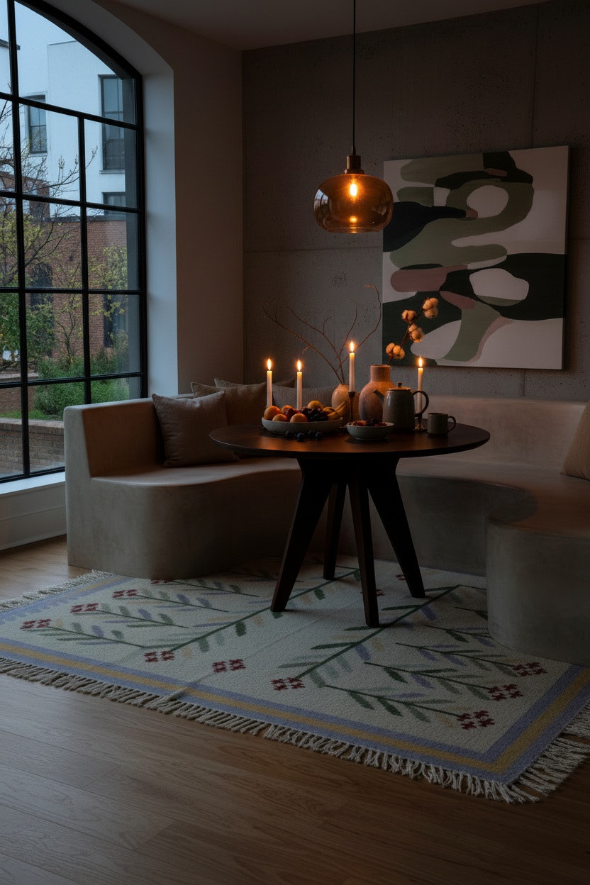 Cream Folk Art Cotton Flat Weave Rug with Botanical Vines
