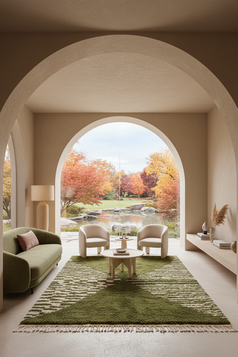 A styled interior living room scene framed by a large arched opening, showing a green sofa, two cream armchairs, a round coffee table, and a textured green rug. Beyond the opening is an outdoor autumn garden with colorful trees and a pond.