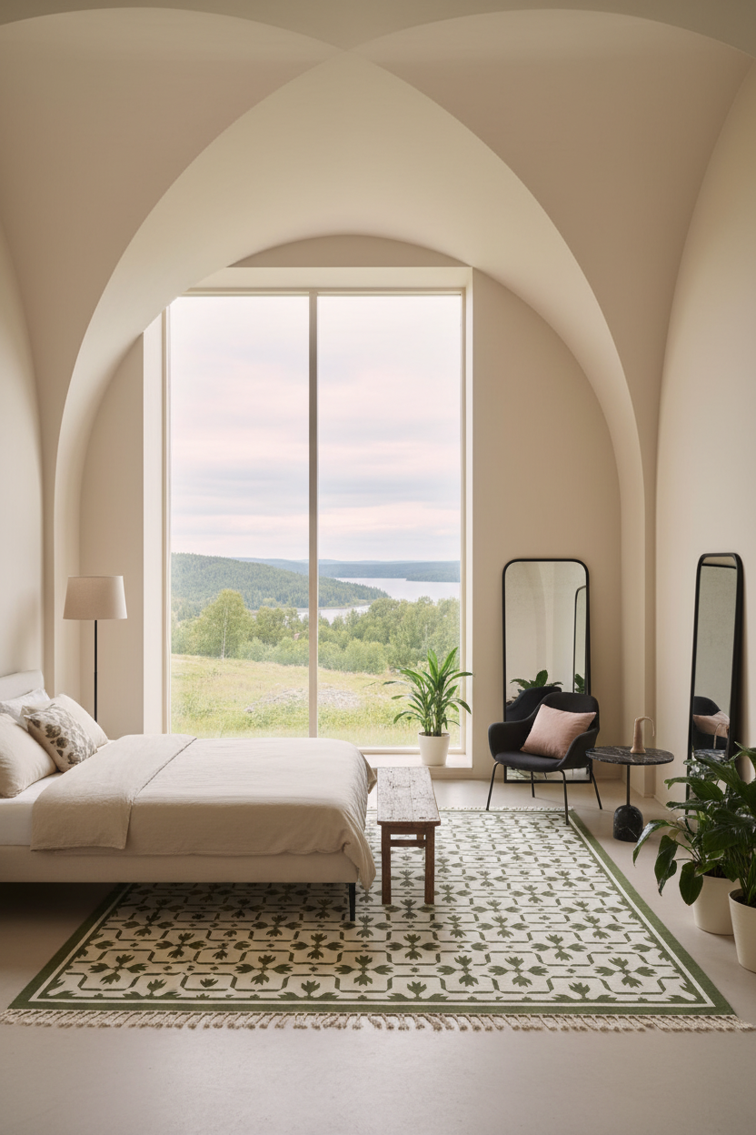 A beautifully styled bedroom with a large bed, a patterned green and beige rug, a black armchair, and tall floor mirrors, all set in a room with arched beige walls and a large window overlooking a lush green landscape.