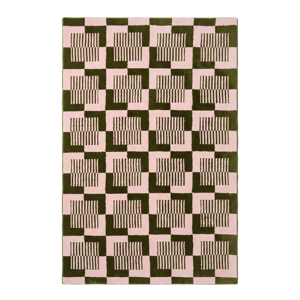Olive and Pink Op Art Check Hand-Tufted Rug