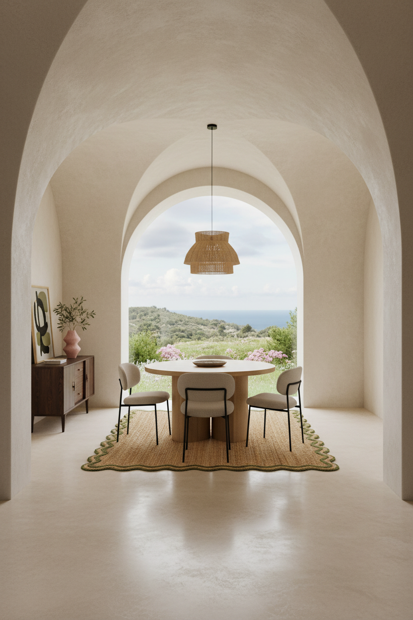 A modern dining set featuring a round light wood table, three upholstered chairs, and a textured beige rug, set within a rustic arched room with a view of a green landscape.