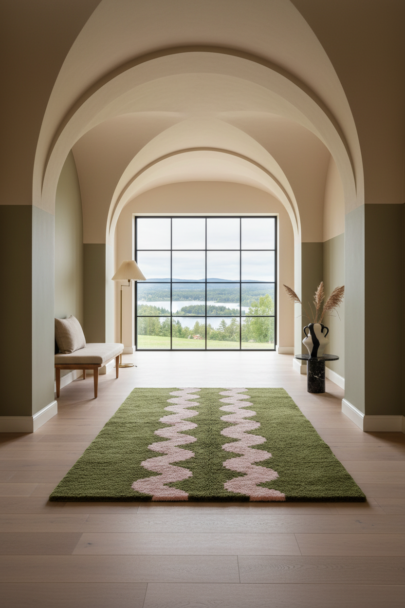 Olive Green Moroccan Shag Rug with Pink Wavy Stripes
