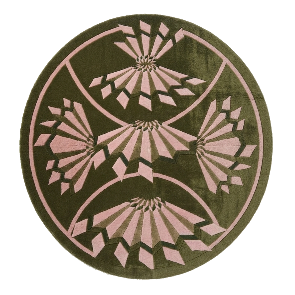 Olive Green Round Hand-Tufted Rug with Pink Art Deco Fans