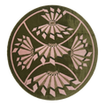 Olive Green Round Hand-Tufted Rug with Pink Art Deco Fans