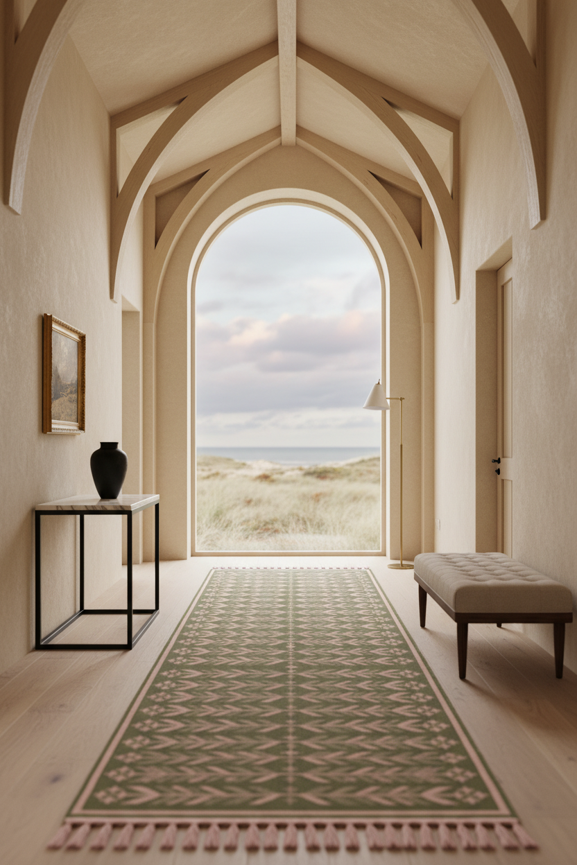 A long rectangular area rug with a geometric pattern in sage green, beige, and dusty pink, styled in a hallway leading to an arched window view of a beach dune landscape.