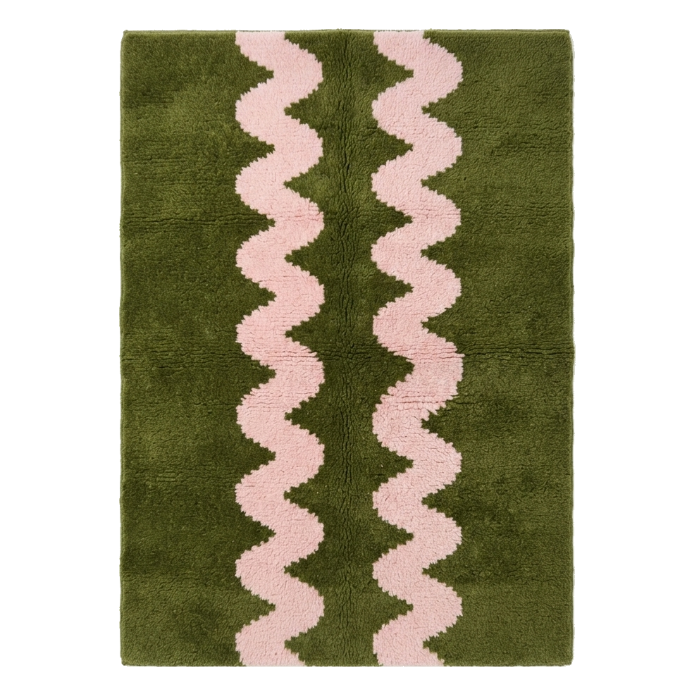 Olive Green Moroccan Shag Rug with Pink Wavy Stripes