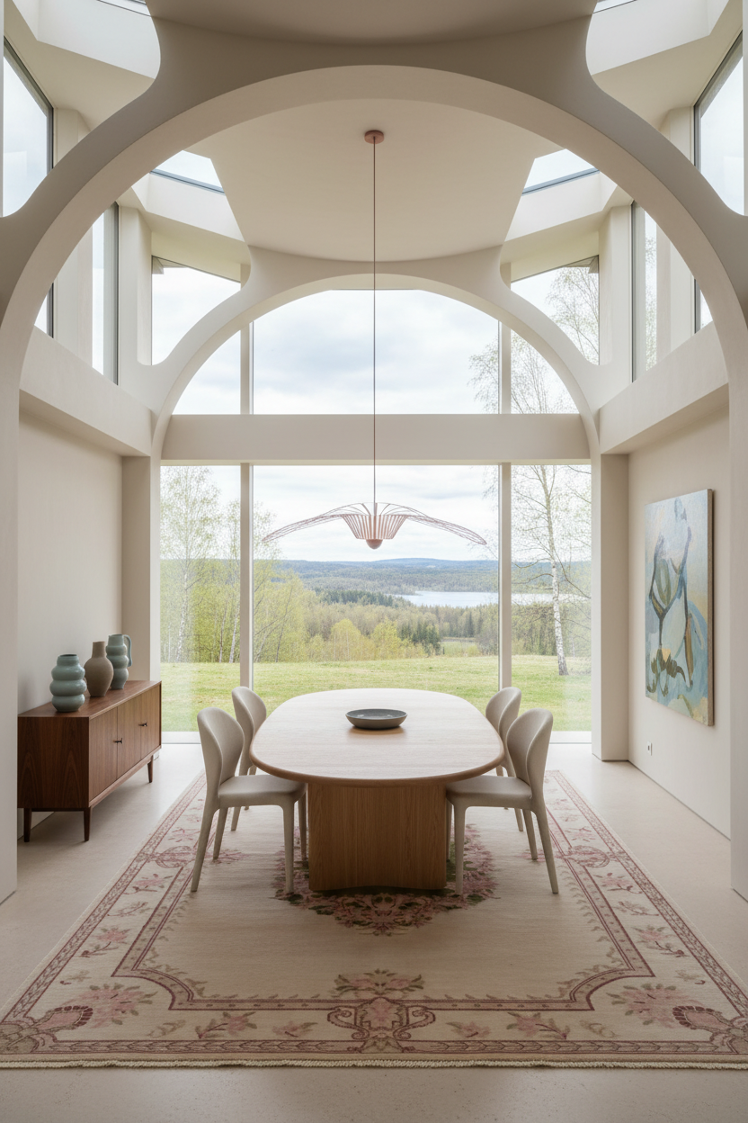 A modern dining room with a round wooden table and six upholstered chairs, set on a large patterned area rug. The room features a high arched ceiling with skylights and a large window looking out onto a green field and distant hills.