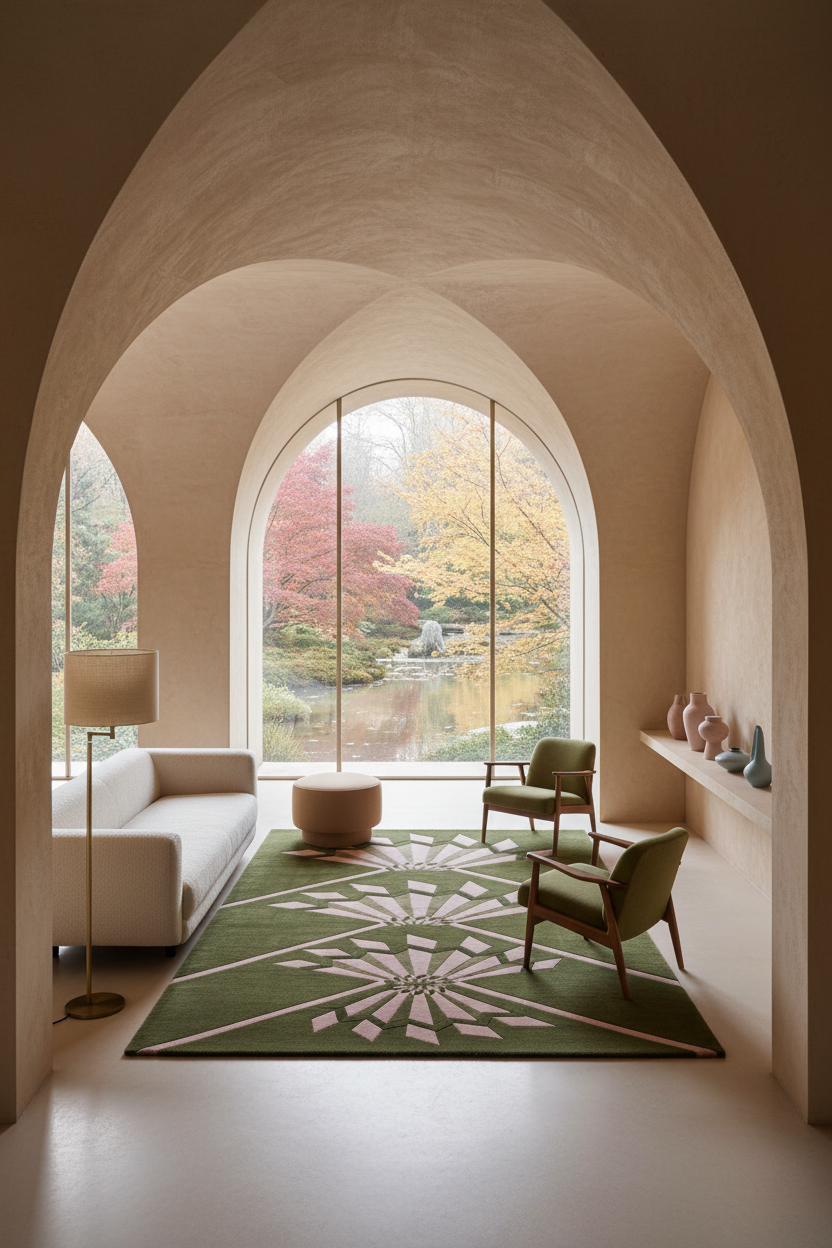 A modern living room framed by a large arched window looking out onto a garden pond. The room features warm beige plaster walls and arches, a green area rug with a white geometric pattern, a white sofa, and two green armchairs.