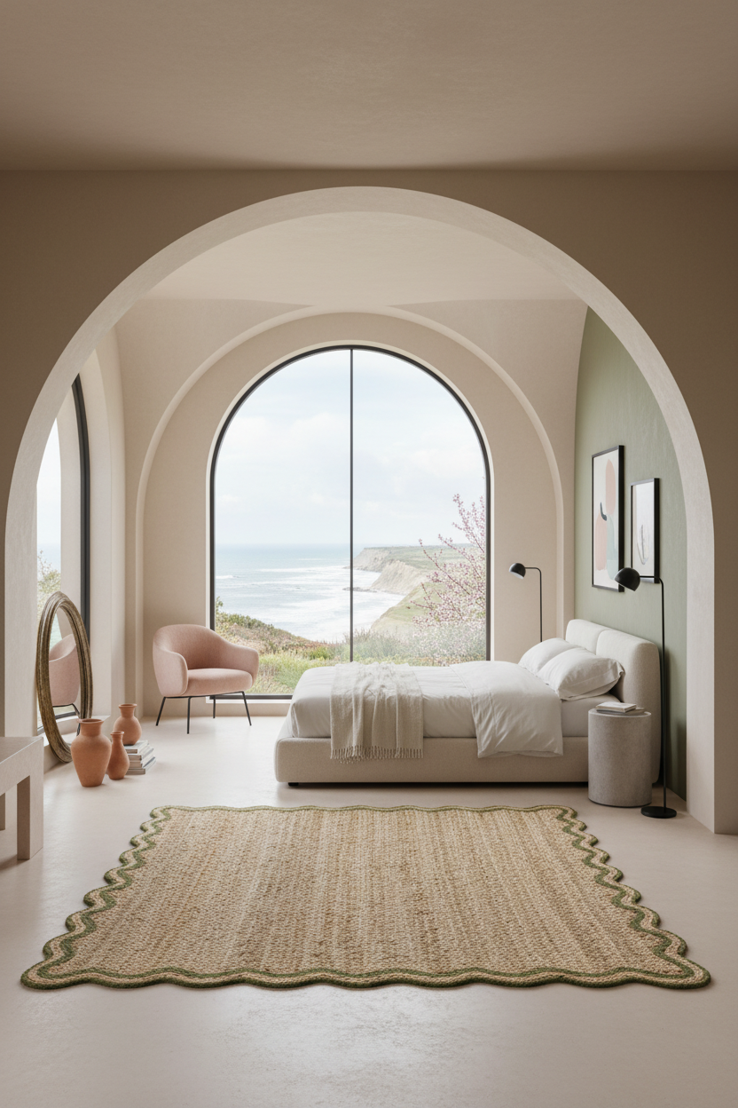 A beautifully styled modern bedroom featuring a large natural woven rug with a scalloped edge in the foreground, a minimalist bed, a pink armchair, and a large arched window overlooking the ocean.