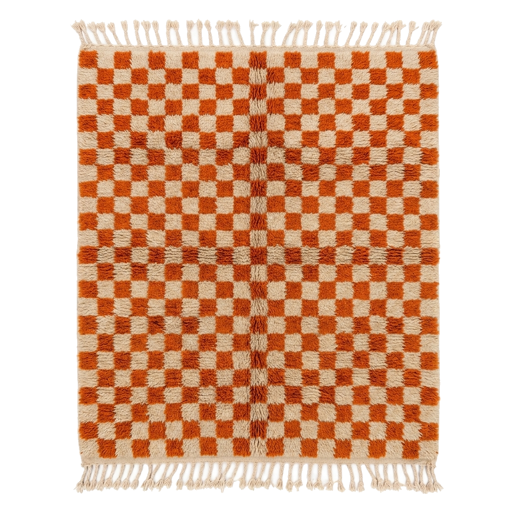 Rust and Cream Checkerboard Moroccan Shag Rug