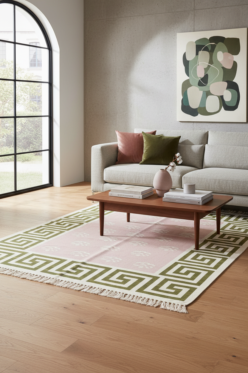 Pink Cotton Flat Weave Rug with Olive Greek Key Border