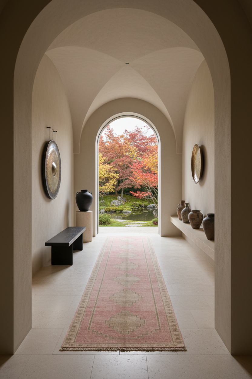 A long hallway with arched openings and a pink patterned runner rug, leading to an outdoor garden view with red autumn trees. Decorative vases, wall art, and a bench are placed along the walls.
