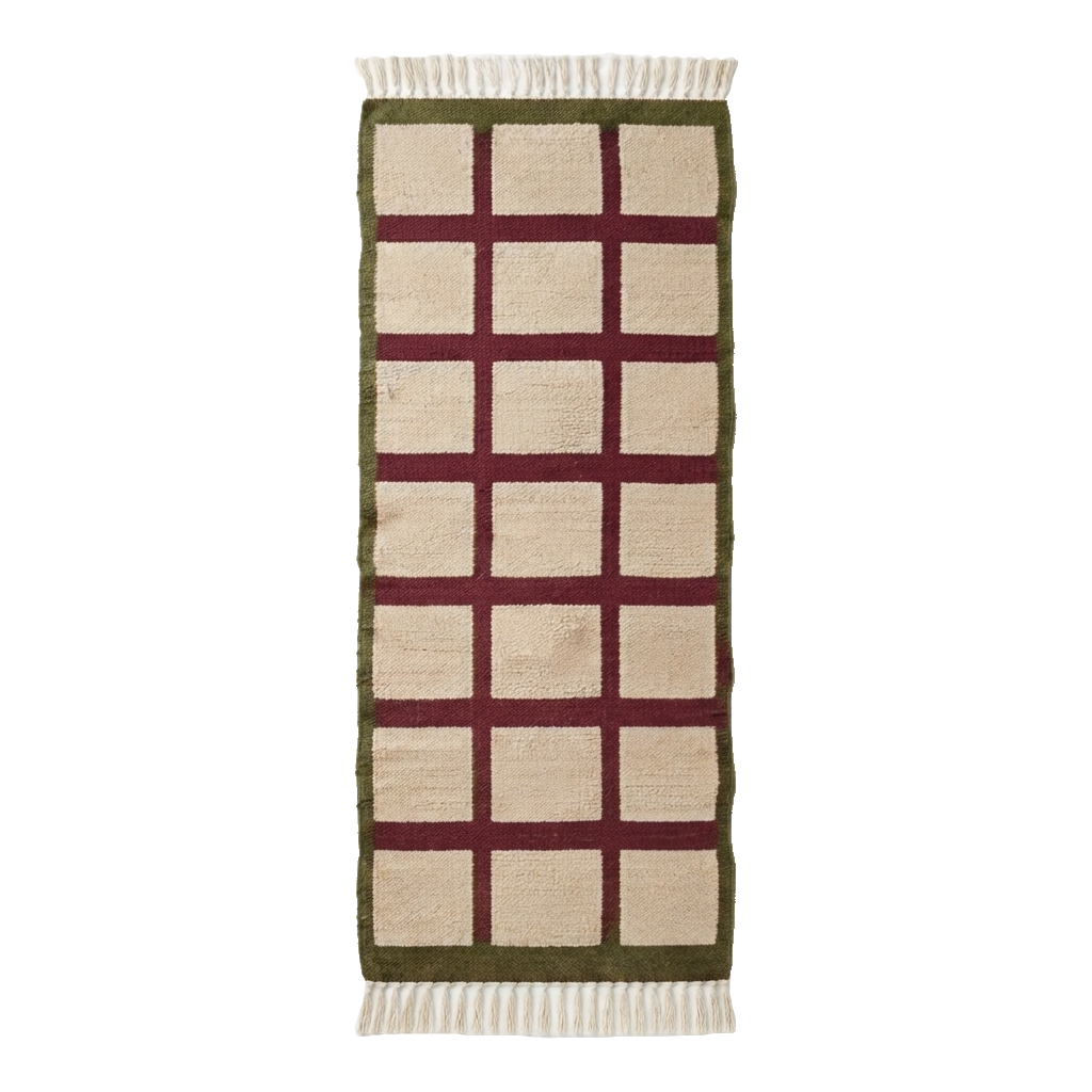 Cream and Burgundy Grid Cotton Flat Weave Runner