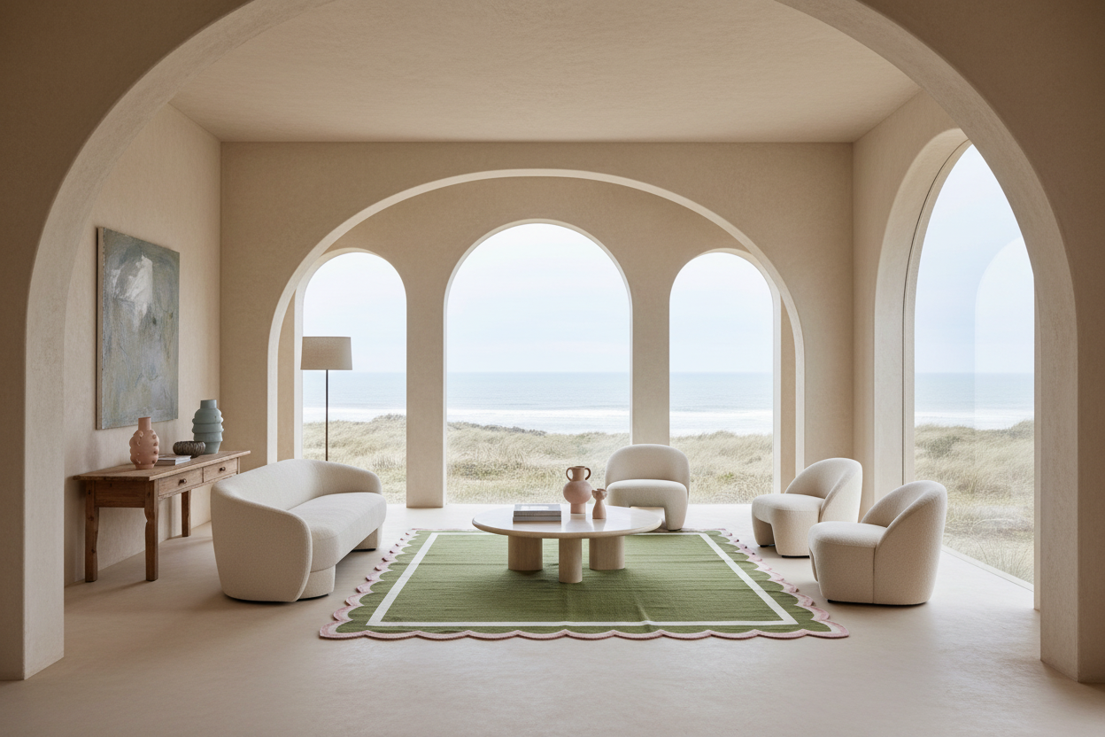 A modern living room with cream-colored furniture, including a curved sofa, two armchairs, and a round coffee table, arranged around a green patterned rug. The room features large arched windows looking out to a beach dune landscape, set within a larger room framed by a large central archway.