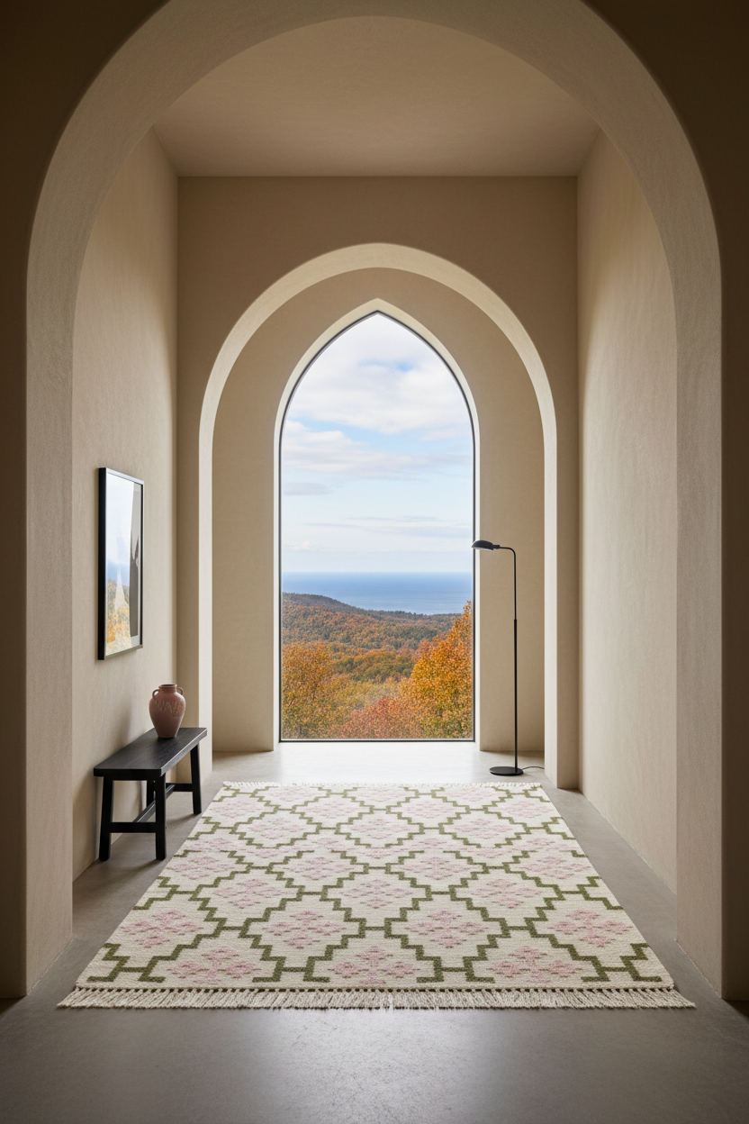 Cream and Olive Green Moroccan Trellis Cotton Flat Weave Rug