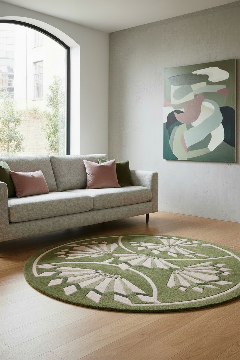 Olive Green Round Hand-Tufted Rug with Pink Art Deco Fans
