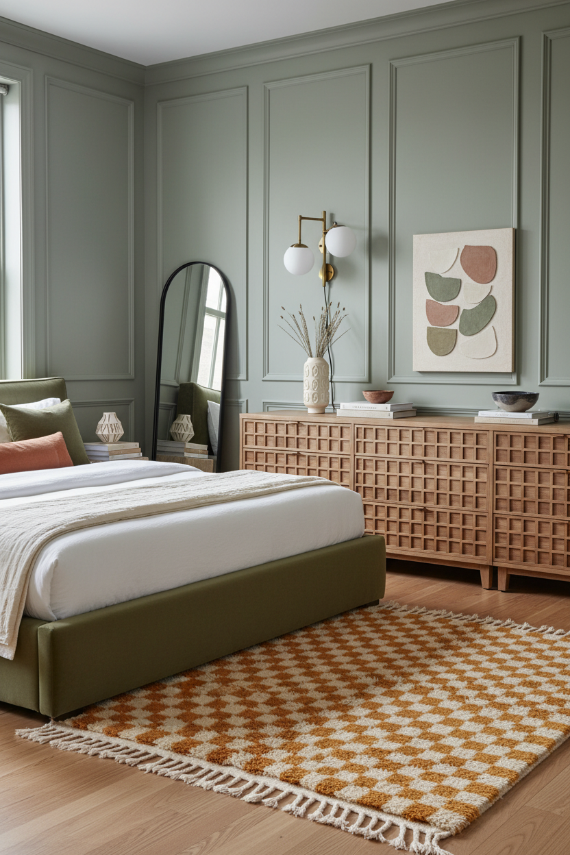 Mustard and Cream Checkerboard Moroccan Shag Rug
