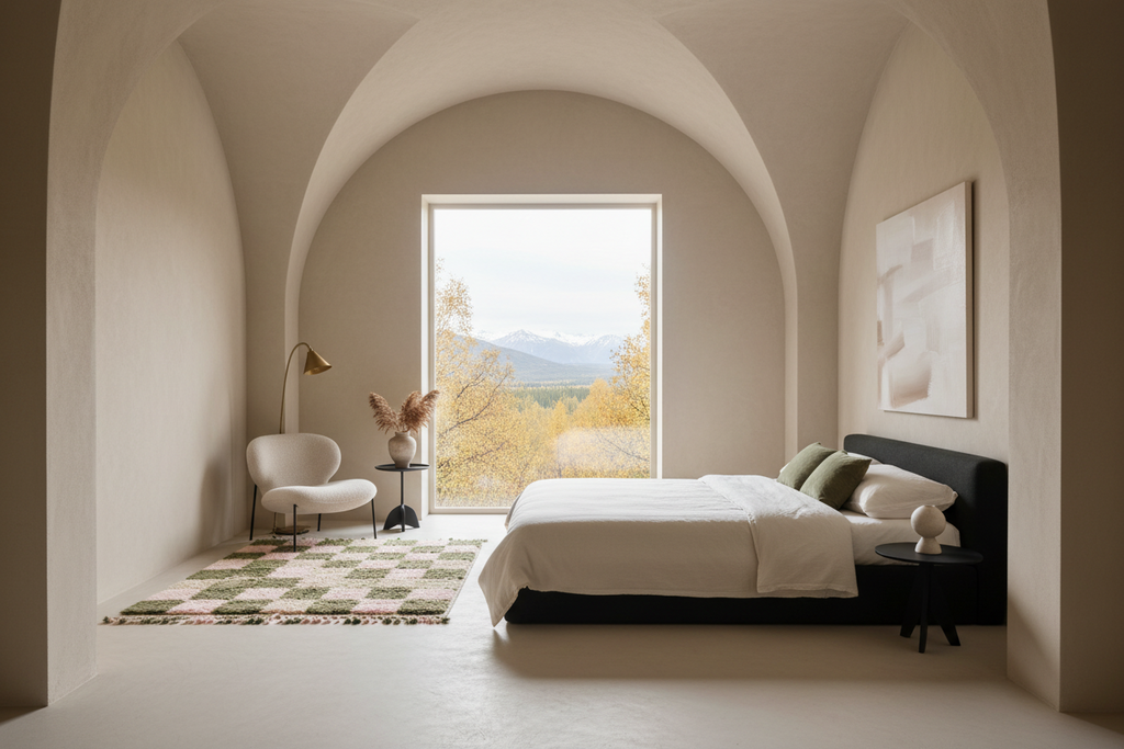 A modern bedroom with a low bed dressed in white bedding, set within a minimalist beige stone-arched room. A large window in the center looks out onto a landscape of yellow autumn trees and distant mountains.