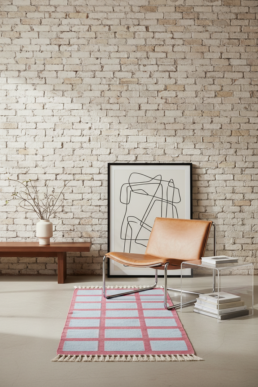 A modern living room corner featuring a pink and white checkered rug, a brown leather lounge chair, a brick-patterned wall, and a framed abstract print.