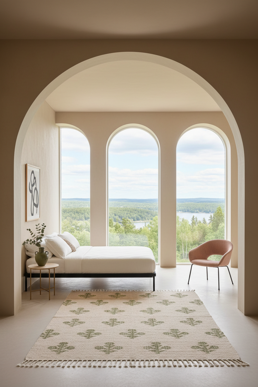 A styled interior room with a large cream rug featuring a green botanical trellis pattern and fringe, positioned in front of a minimalist white daybed and a pink accent chair. The room is framed by a large arched window looking out onto a green forest and lake landscape.