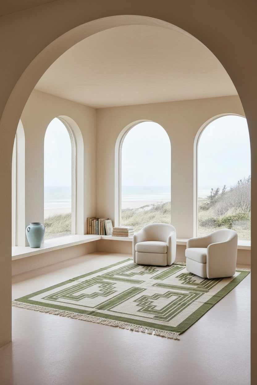 A styled interior scene viewed through a large archway, showing a cream and sage green geometric area rug under two white armchairs and a small round coffee table. Large arched windows overlook a beach dune landscape, and the room has warm beige walls and flooring.
