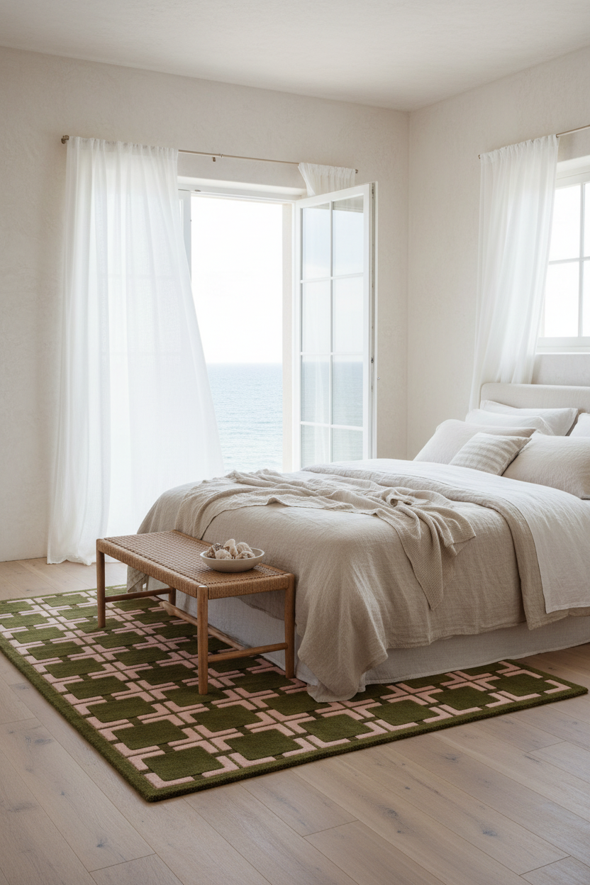 Olive Green Hand-Tufted Rug with Pink Cross Grid