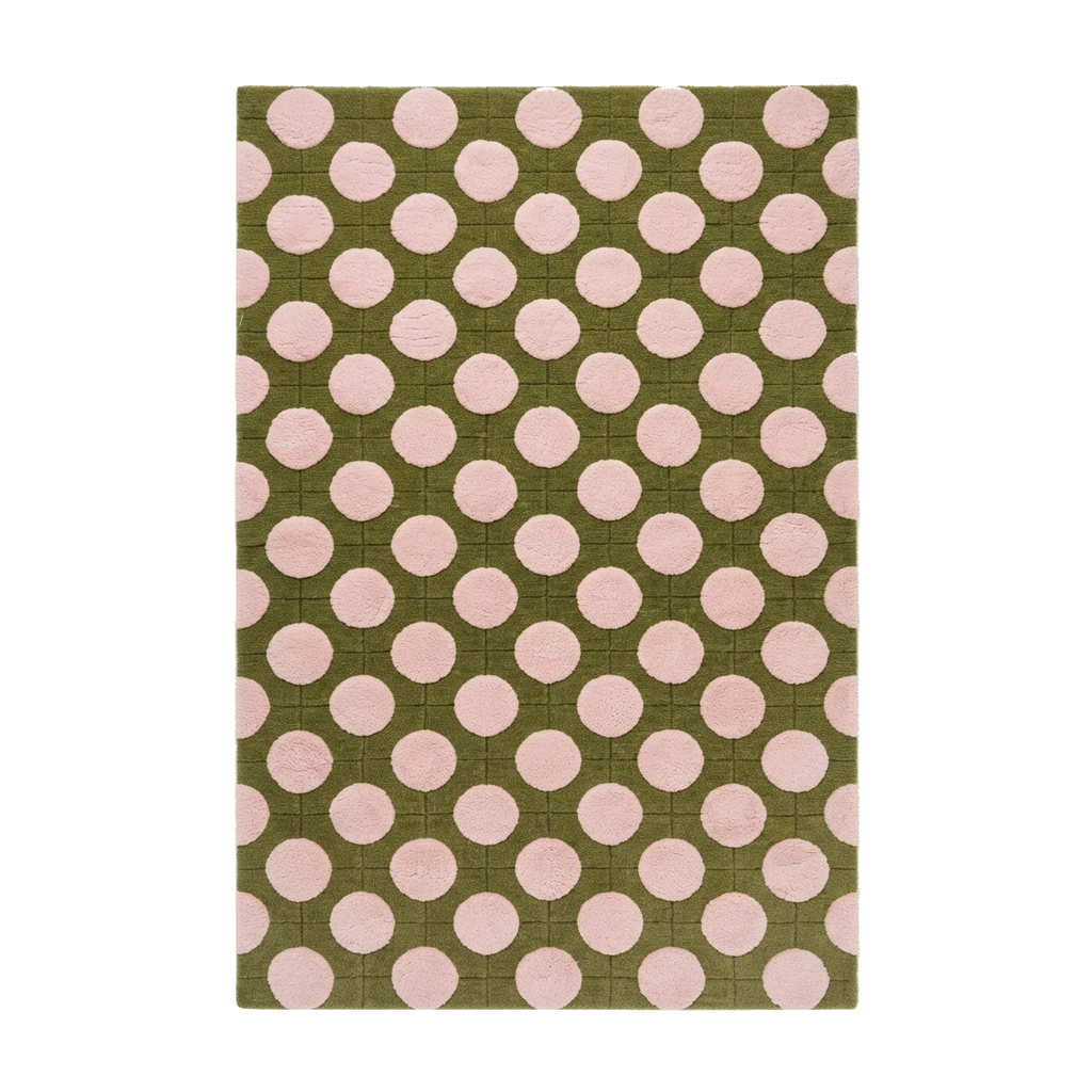 Olive Green Hand-Tufted Rug with Blush Pink Polka Dots