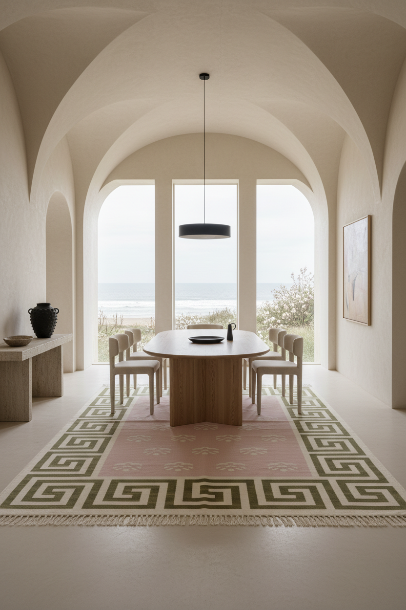 A modern dining room with a round wooden table and chairs, set on a pink and green geometric patterned rug. Large arched windows in the background offer a view of the ocean, and a black pendant light hangs above the table.