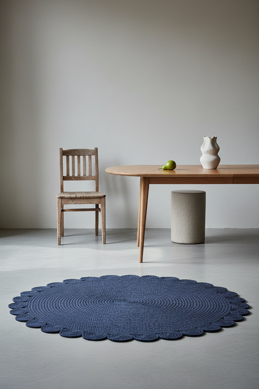 A round navy blue woven rug with a scalloped edge, styled in a minimalist room setting with a wooden dining table, a wooden chair, and a small white vase.