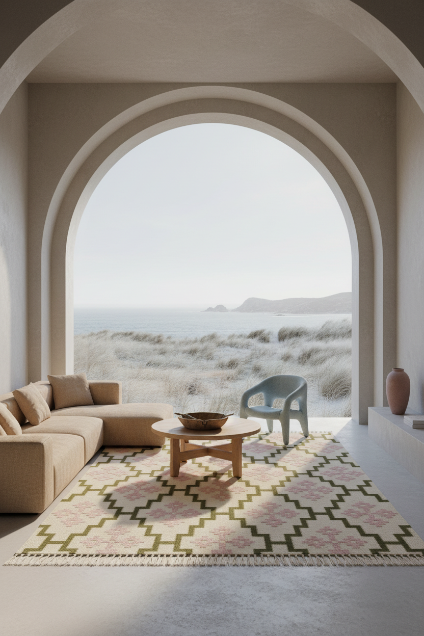 A large patterned area rug in beige, pink, and olive green is styled in a modern living room with a beige sectional sofa, wooden coffee table, and a dark blue armchair, all set under a large arched opening overlooking a beach and sea view.