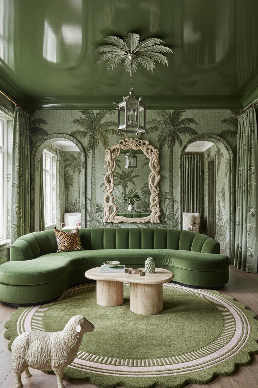 Olive Green Round Hand-Tufted Rug with Blush Scalloped Border