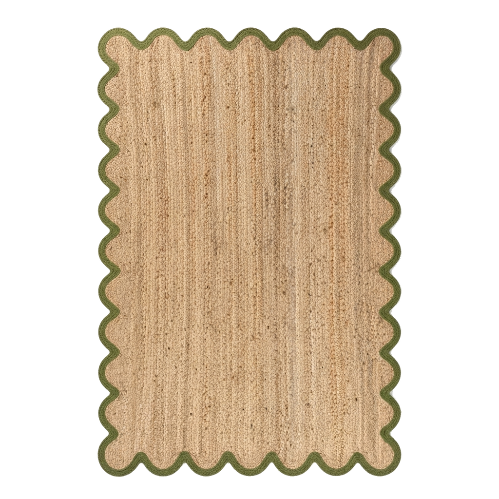 Natural Woven Jute Rug with Olive Green Scalloped Edge